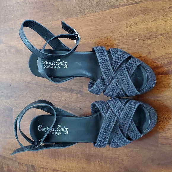 Carmen Saiz navy leather platform size 37 wedge sandals - Picture 4 of 8